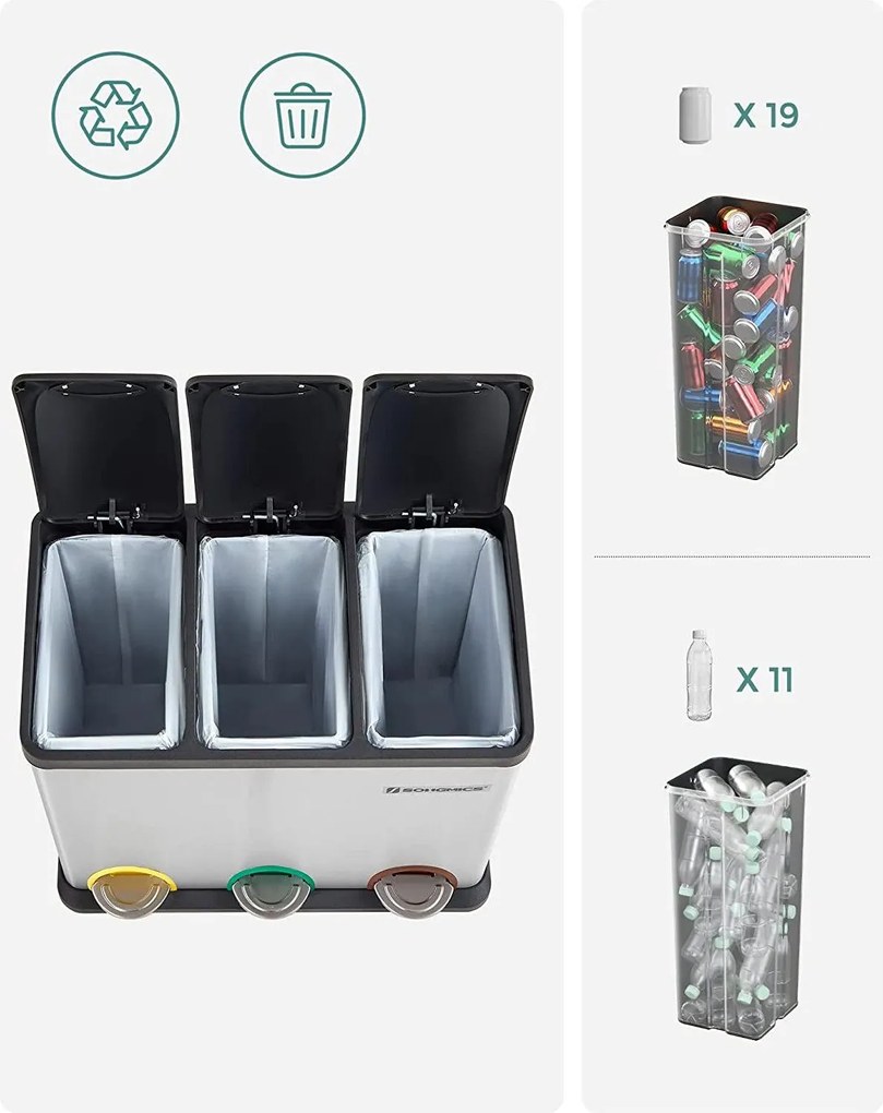 Odpadkový kôš na separovaný odpad 45 litrov (3 x 15 L), nerezový