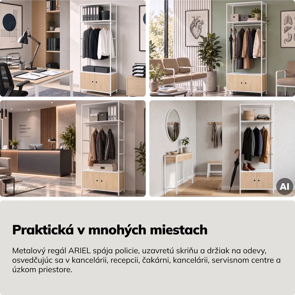 Kancelársky regál otvorený s tyčou na oblečenie, do recepcie a čakárne, kovový, biely/dub sonoma, 800x2200x400 mm: ARIEL Eco Design