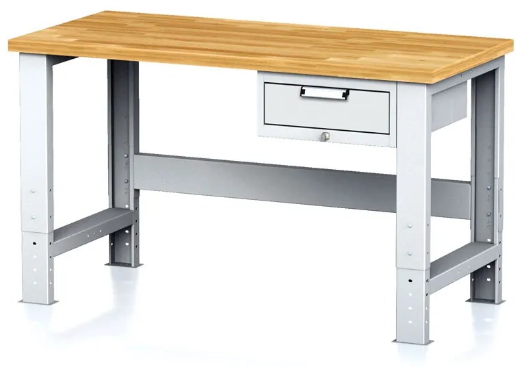 Nastaviteľný dielenský stôl MECHANIC I, závesný box na náradie, 1 zásuvka, 1500x685x700-1055 mm, sivé dvere