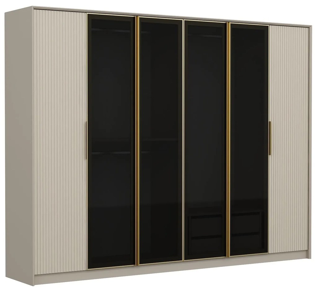 Elegantná šatníková skriňa DeLuxe s dymovými dvierkami a zlatými akcentami 210 x 270 x 52 cm, biela