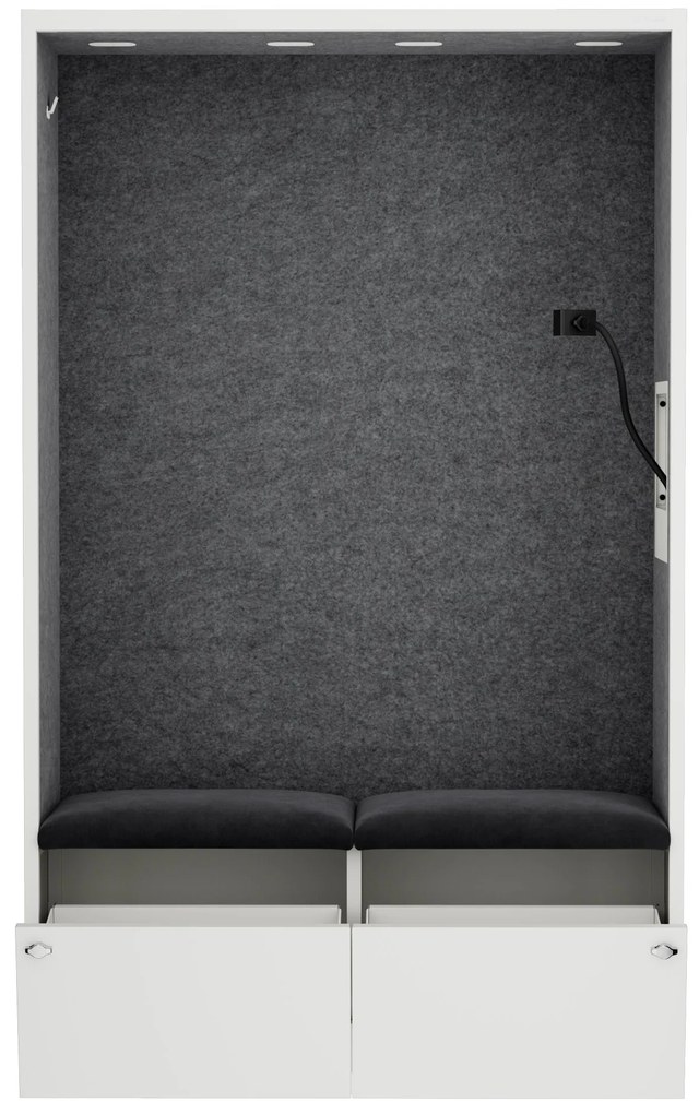 Kancelárska akustická kabína so sedadlom a portom USB-C, telo v biely / sedák tmavosivá v zelenej farbe, 1150 mm: SALLY MentalBox