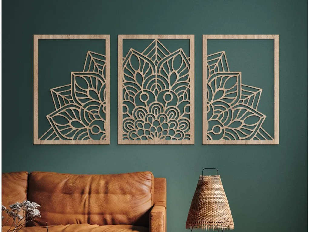 drevko Viacdielna mandala na stenu Kvet Rozmer obrazu: 29,5 x 65 cm, Farba dekorácie: Čierna