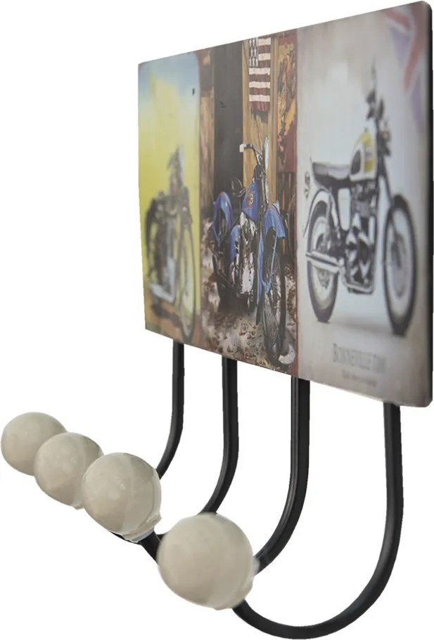 Nástenný kovový vešiak so 4-mi háčikmi Retro Moto - 40*7*18 cm