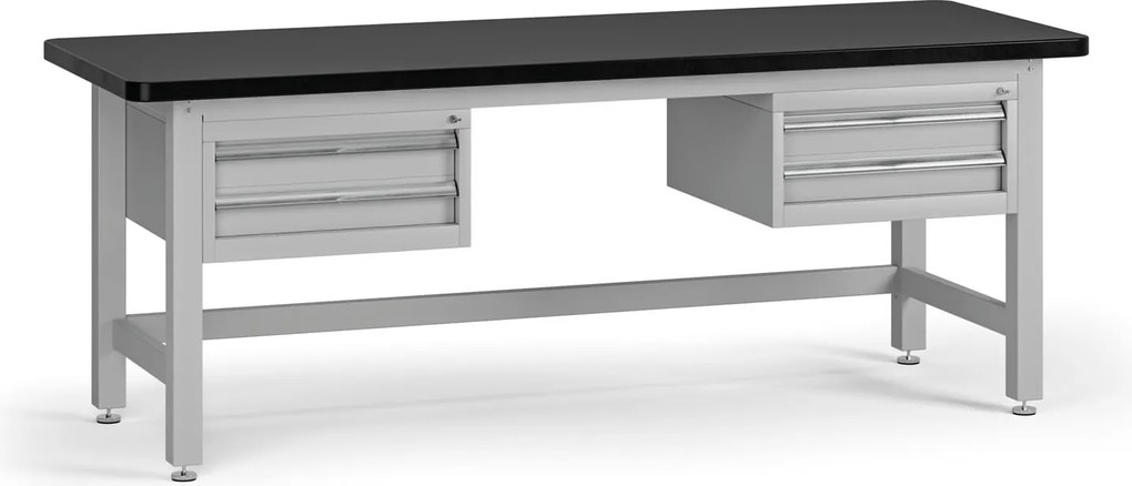 Pracovný stôl do dielne G4 s 2 závesnými boxami na náradie, MDF + PVC doska, 4 zásuvky, 2100 x 750 x 800 mm, sivá