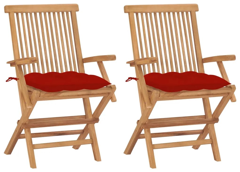 Záhradné stoličky s červenými podložkami 2 ks tíkový masív