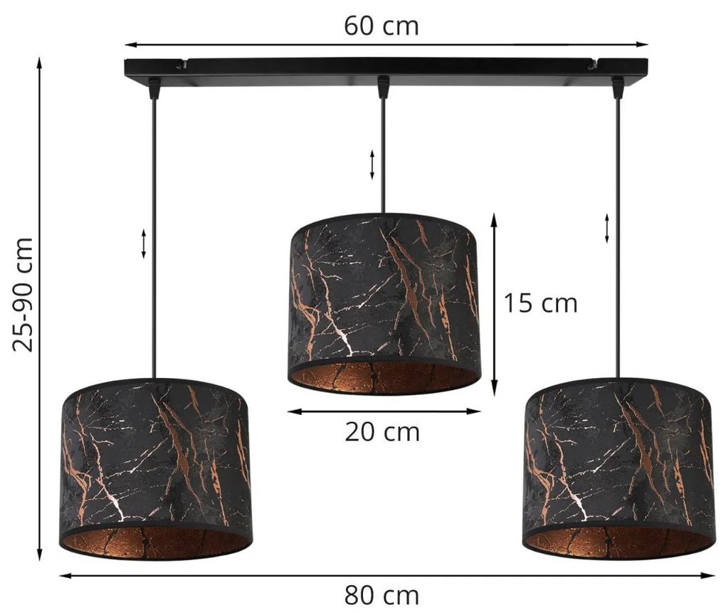 Závesné svietidlo Werona 3, 3x čierne textilné tienidlo so vzorom, c