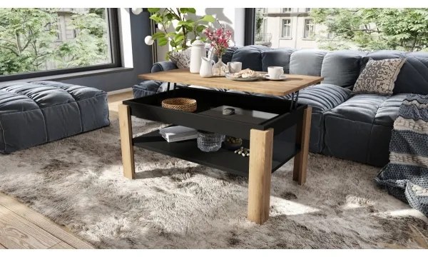 Rozkladací konferenčný stolík so zdvíhacou doskou a policou ADEN dub craft/čierna