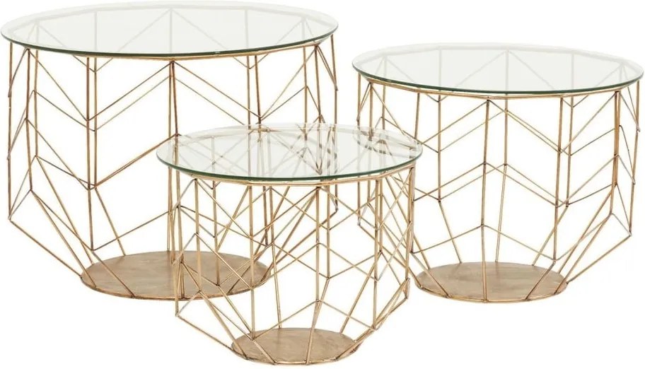 Sada 3 konferenčných stolíkov v dekore mosadze Kare Design Wire Grid