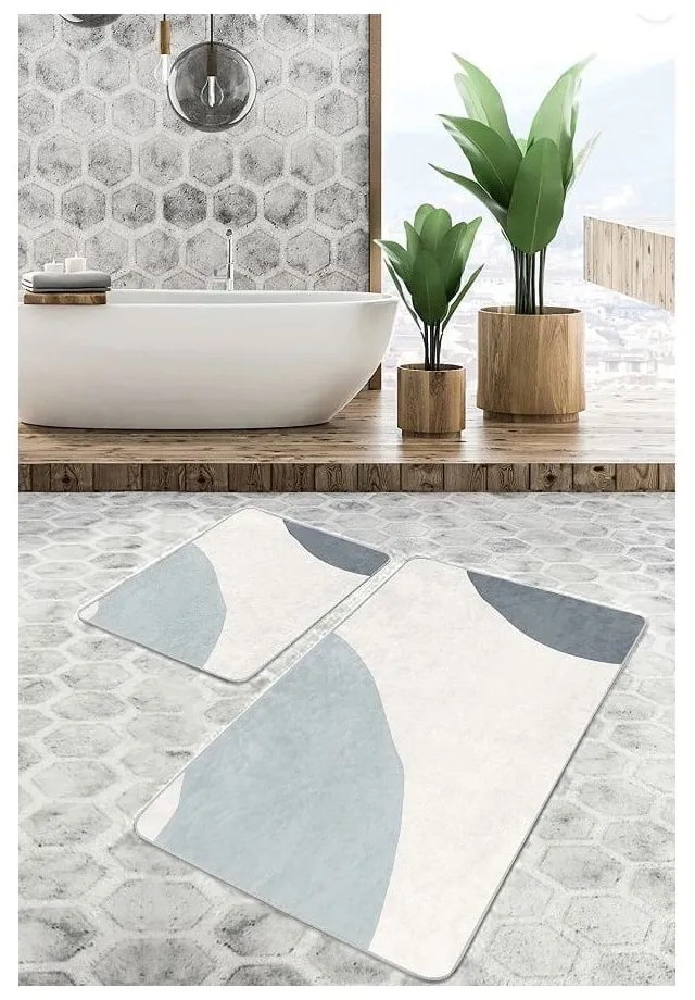 Sivo-krémové zamatové kúpeľňové predložky v súprave 2 ks 60x100 cm Abstract Shapes – Mila Home