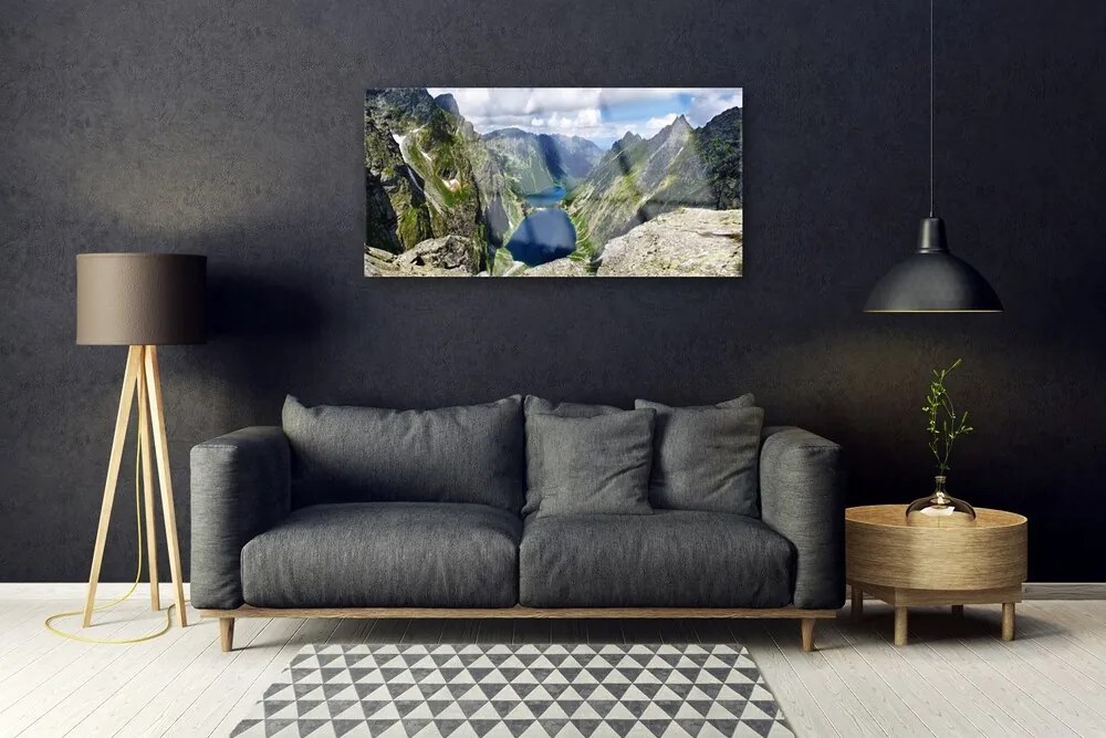 Skleneny obraz Hory údolie jazerá vrcholy 125x50 cm