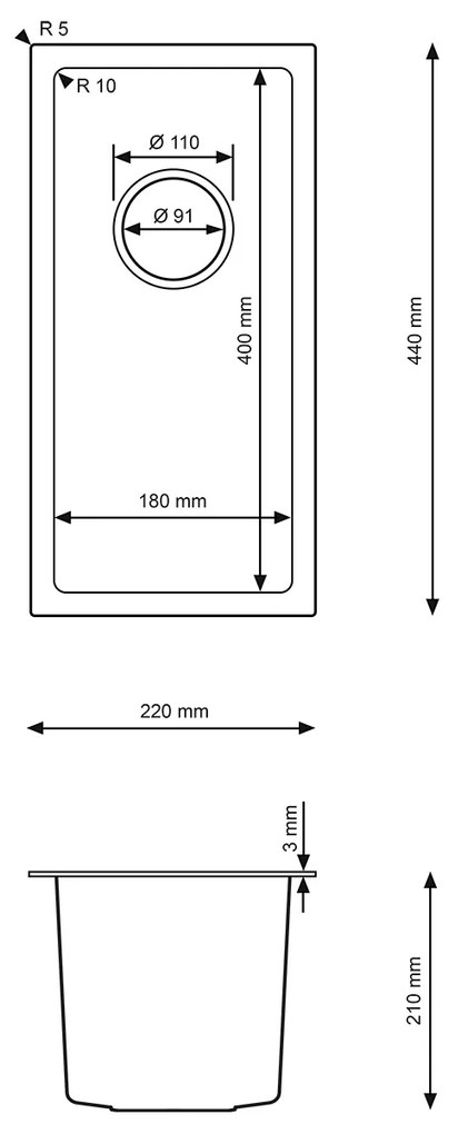 Erga HD, 1-komorový oceľový drez 220x440x210 mm, oceľová, ERG-MLS-HD2244