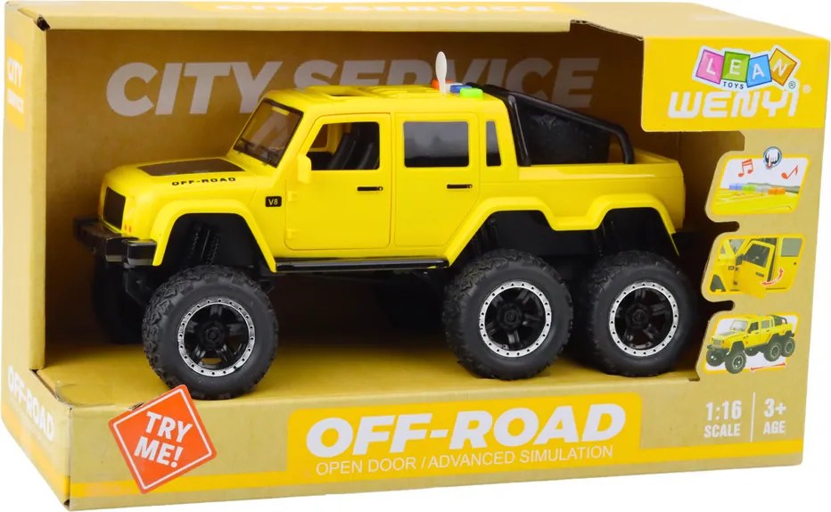 LEAN Toys Terénne vozidlo Fricative Drive Lights Sounds Yellow 6x6 1:16
