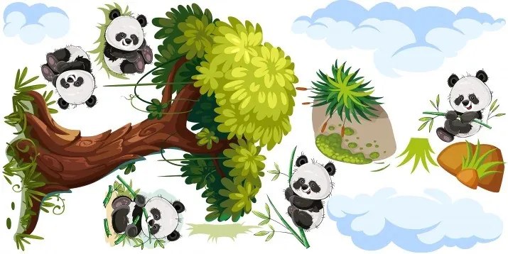 Nálepka na stenu pre deti veselé pandy na strome 50 x 100 cm