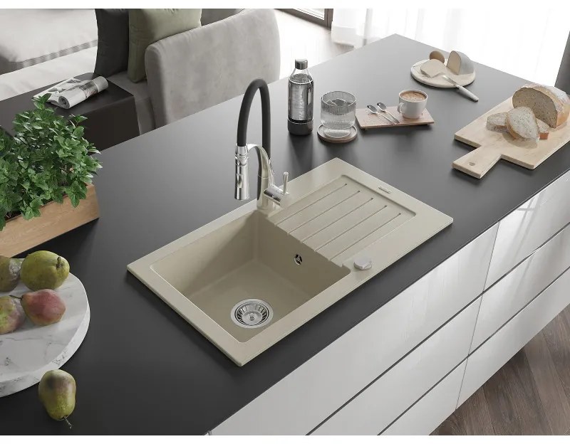 Mexen Pablo, 1-komorový granitový drez 752x436x161 mm a drezová batéria Aster, béžová, 6510-69-73450-07