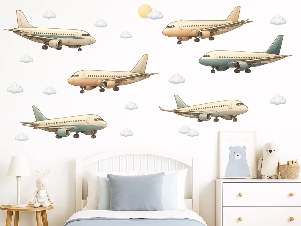 Boeingy a Airbusy textilní prelepiteľné nálepky na stenu hárok 75 x 36 cm