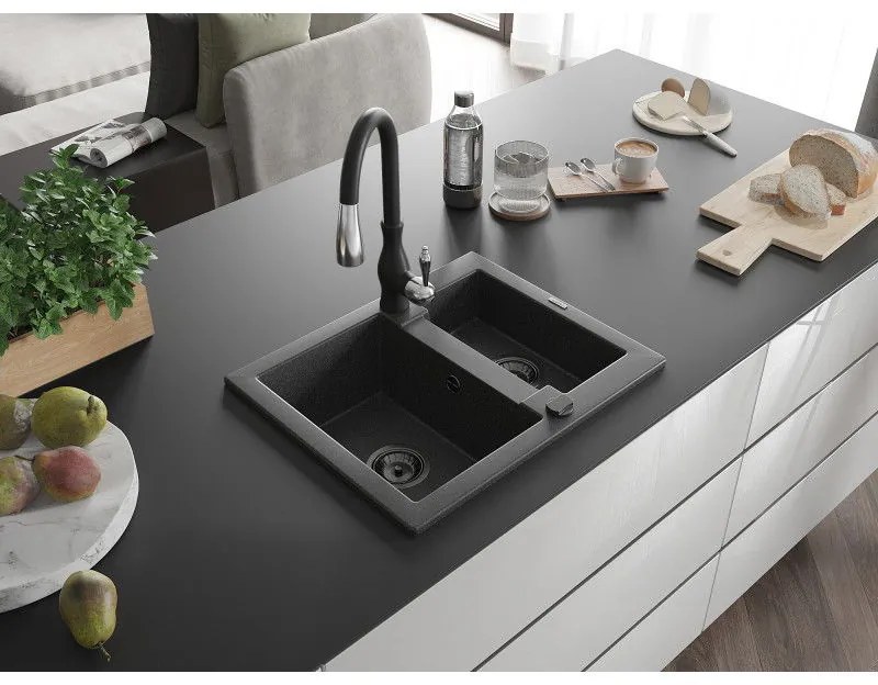 Mexen Carlos, 1,5-komorový granitový drez 582x475x177 mm a drezová batéria Savita, čierna škvrtnitá, 6518-76-672601-70-B