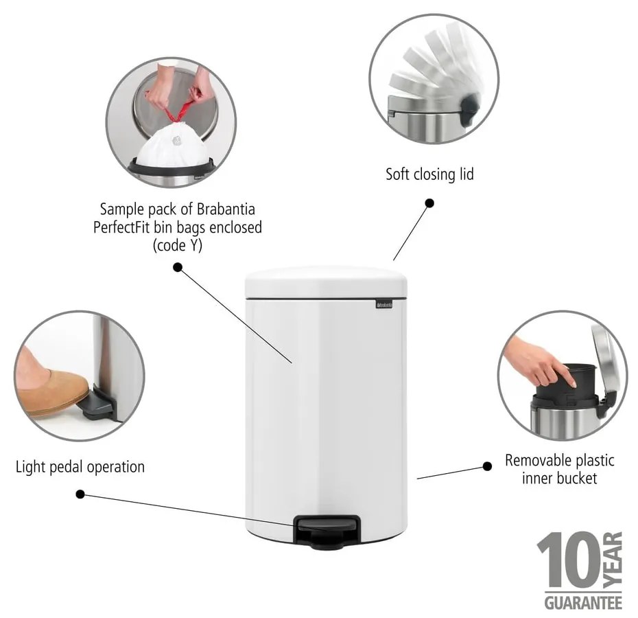 Biely nášľapný oceľový odpadkový kôš 20 l NewIcon – Brabantia