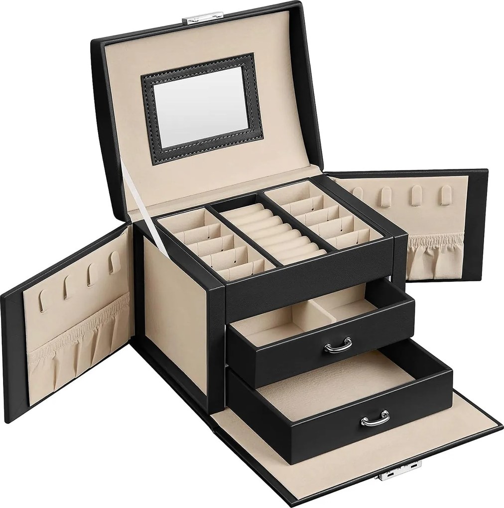 Šperkovnica 3-úrovňová, 2 zásuvky, s cestovným puzdrom, čierna