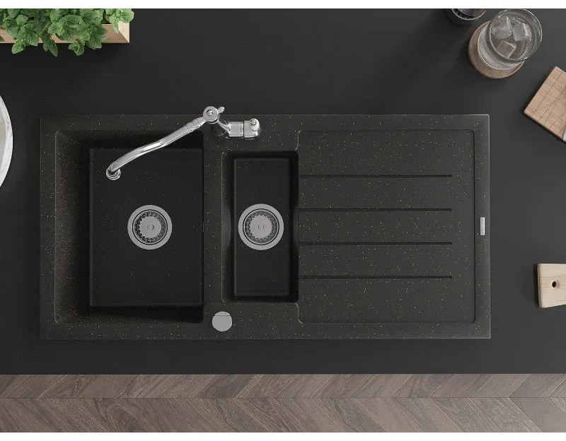 Mexen Andres, granitový drez 1000x500x200 mm, 1,5-komorový a drezová batéria Carla, čierna-zlatá metalíza, 6515-75-670700-00