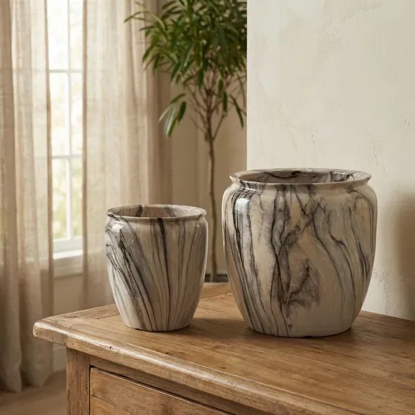 Sada 2 ks keramických květináčů NEVA MARBLE I béžová/hnědá