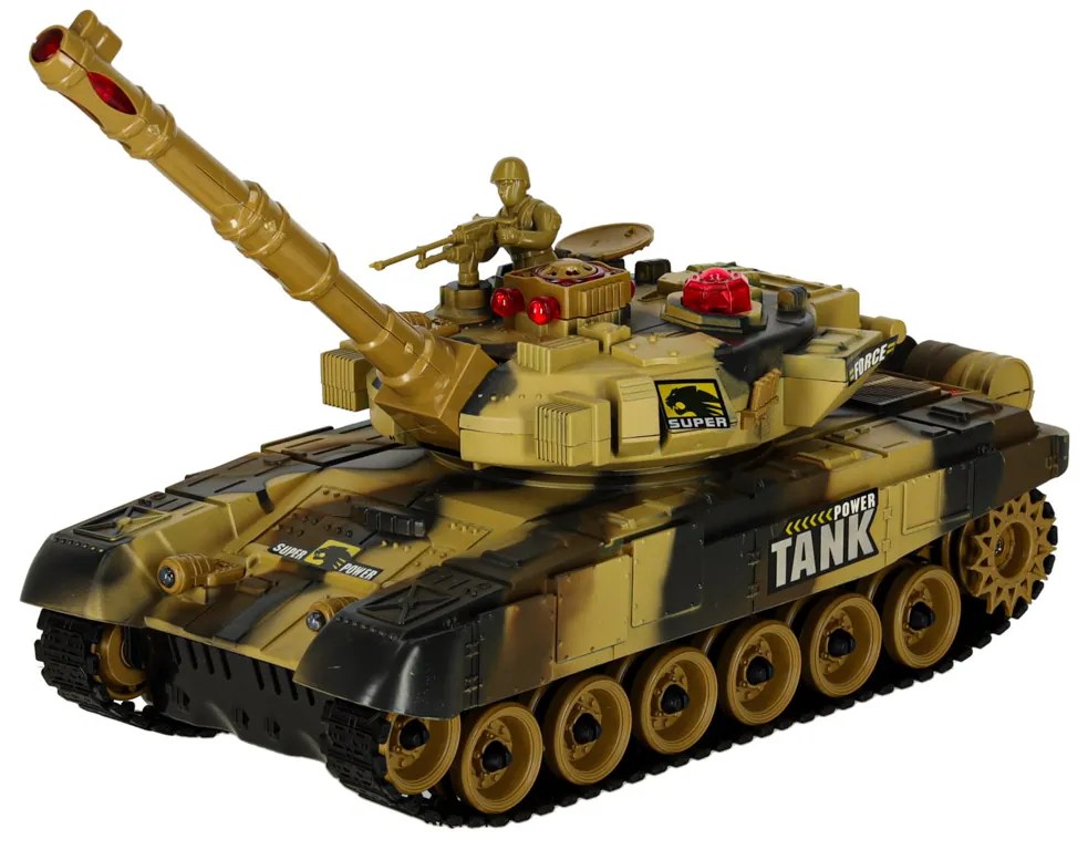 KIK Diaľkovo ovládaný RC vojenský tank 2,4 GHz, púštny, 360° veža, realistické zvuky a LED