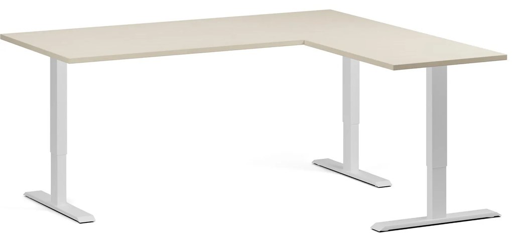 Výškovo nastaviteľný stôl, 180x160 cm, 3 motory, L/P, biela podnož, breza
