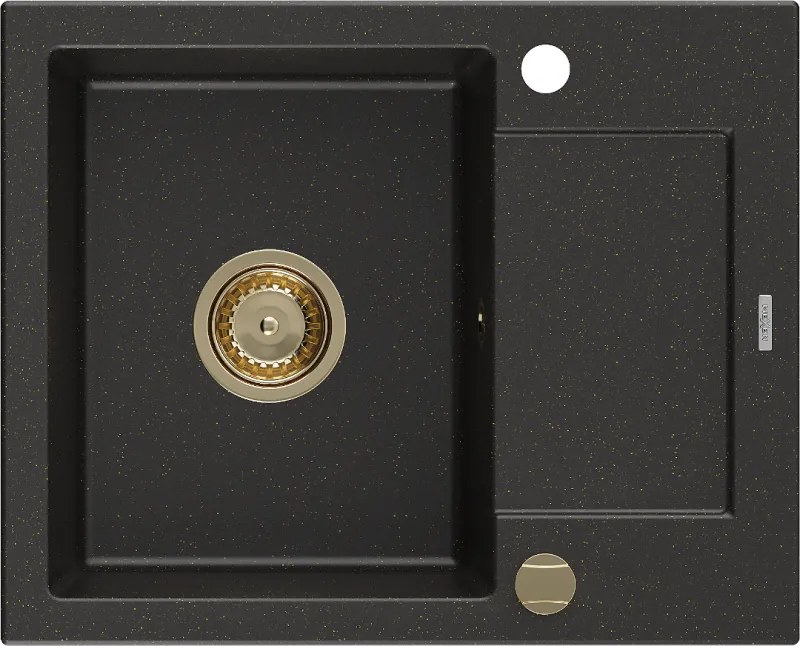 Mexen Enzo, granitový drez 576x465x174 mm, 1-komorový, čierna-zlatá metalíza so zlatým sifónom, 6506571005-75-G