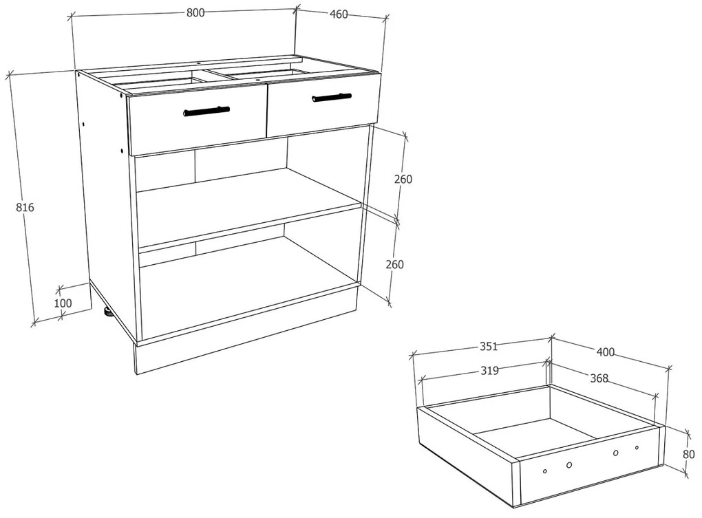 VCM Dolná kuchynská skrinka Esilo, 80 cm, 2 dvierka a 2 zásuvky, antracit