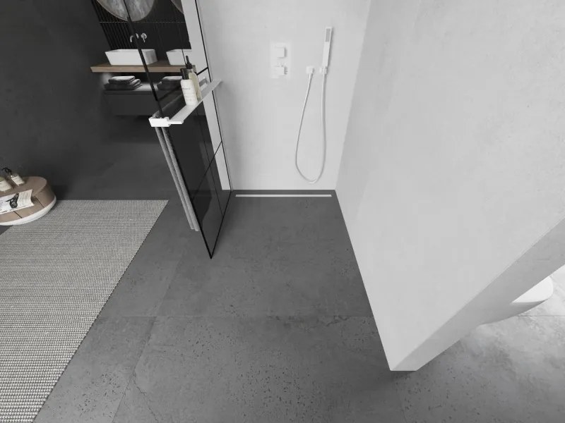 Mexen Kioto+, sprchová zástena Walk-In s poličkou a vešiakom 80 x 200 cm, 8mm číre sklo čierny vzor, biely profil, 800-080-121-20-77