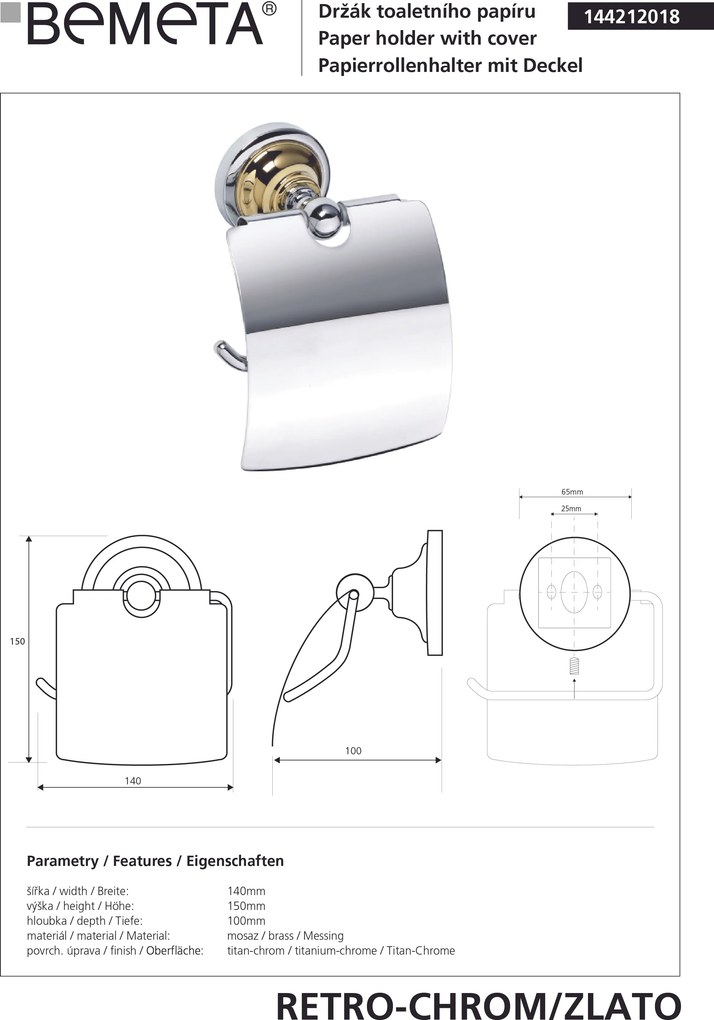 Bemeta Design RETRO gold-chrom: Držiak toaletného papiera, s krytom - 144212018