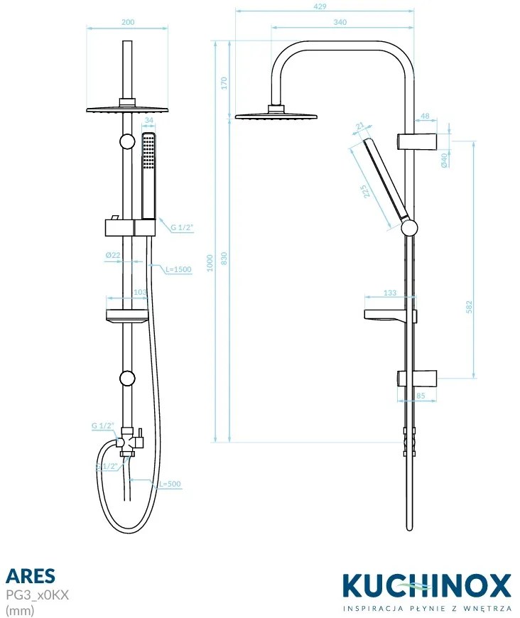 Kuchinox Ares, sprchový stĺp s ručnou a dažďovou hlavicou, čierna matná, LAV-PG3_70KX