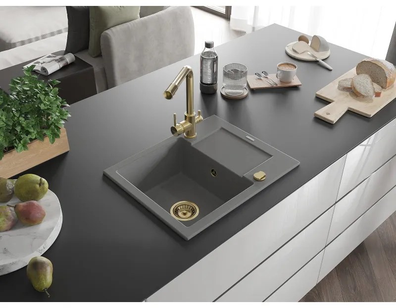 Mexen Enzo, granitový drez 576x465x174 mm, 1-komorový, zlatá batéria Duero, šedá, 6506-71-671600-50