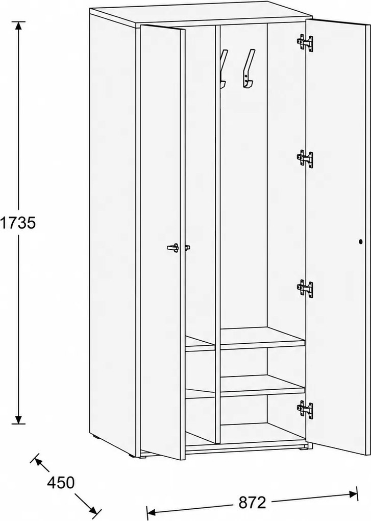 Šatníková skriňa FRAME, 2 oddiely, 872 x 450 x 1735 mm, PUSH-lock, breza