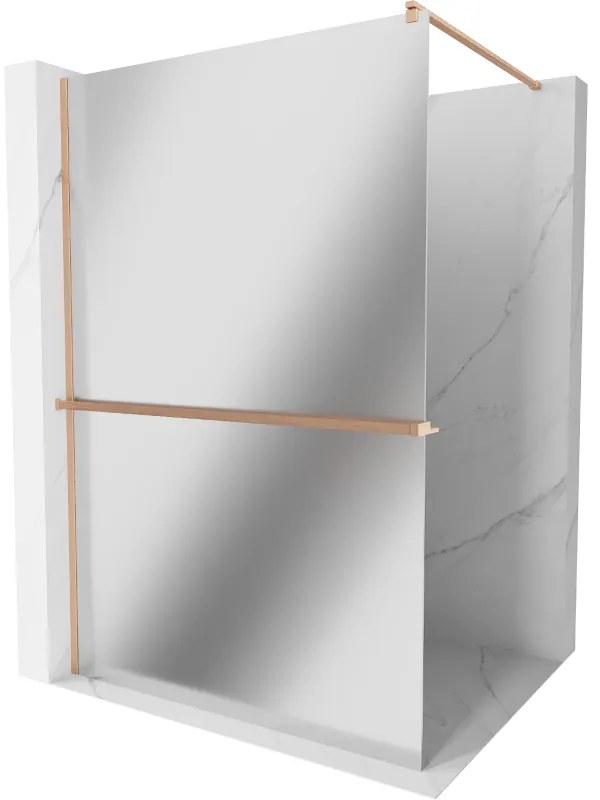 Mexen Kioto+, sprchová zástena Walk-In s poličkou a vešiakom 90 x 200 cm, 8mm sklo vzor zrkadlo, medený matný profil, 800-090-121-65-50