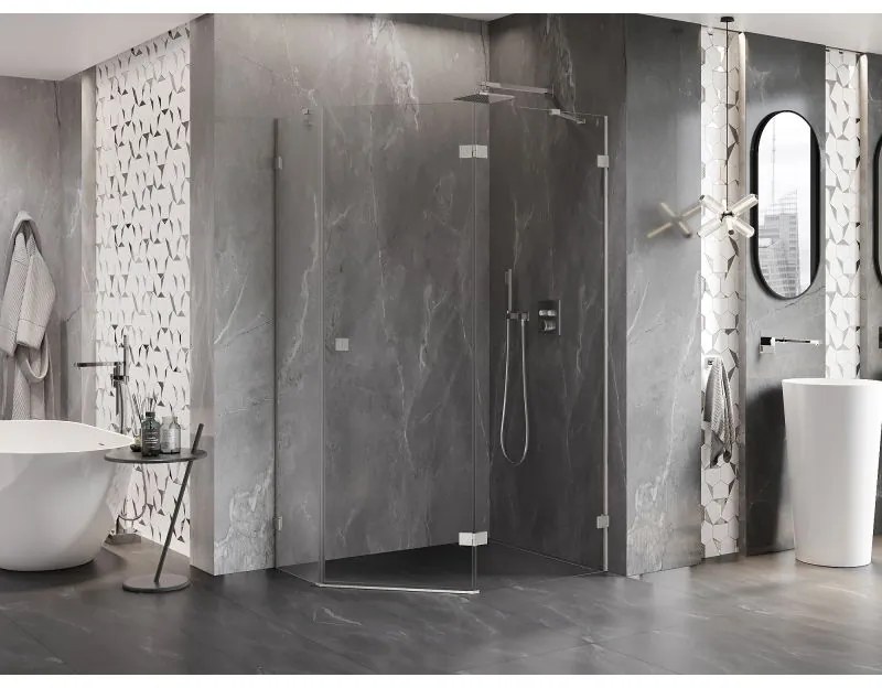 Mexen Lunar, pravý výklopný päťuholníkový sprchový kút 90 x 80 cm, 8mm číre sklo, oceľový profil, 831-090P-080L-97-00-P