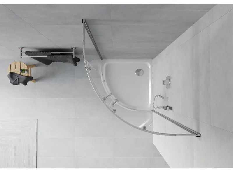 Mexen Rio, štvrťkruhový sprchovací kút s posuvnými dverami 90 x 90 cm, 6mm číre sklo, chrómový profil + biela sprchová vanička, 863-090-090-01-00-4110