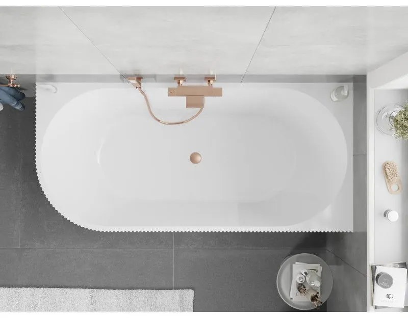 Mexen Silo, rohová voľne stojaca ryhovaná vaňa, pravá, 150 x 75 cm, biela-čierna, medený matný prepad, 52891507575P-65