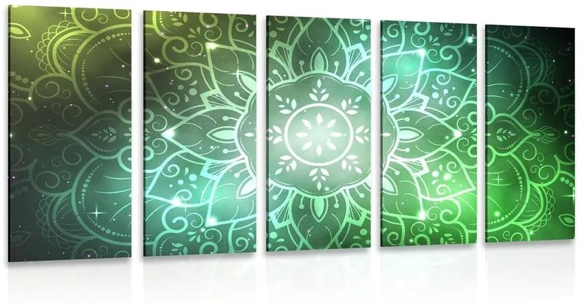 5-dielny obraz Mandala s galaktickým pozadím v odtieňoch zelenej - 200x100