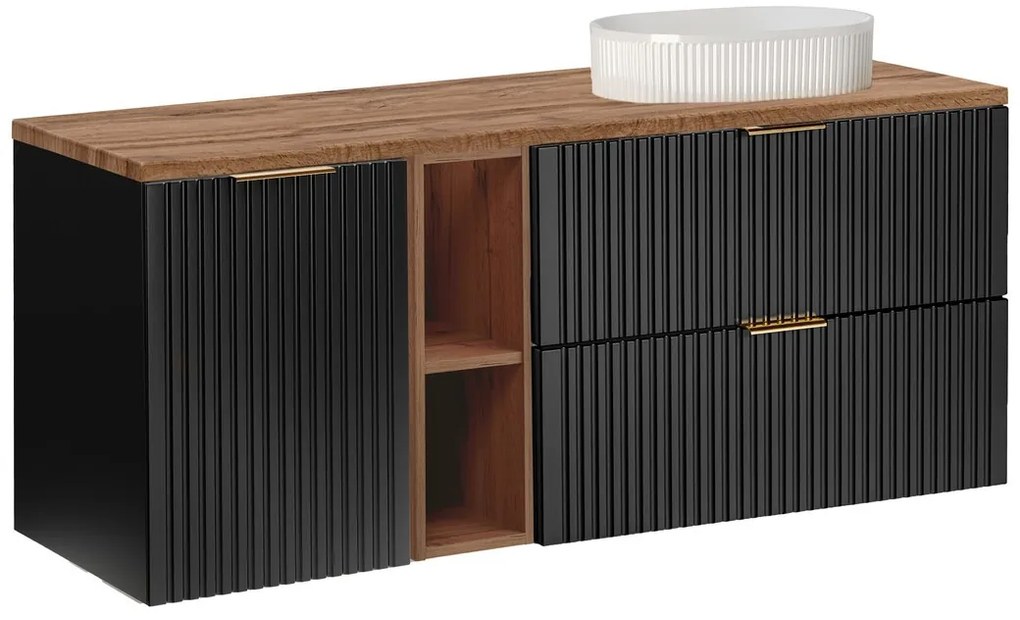 Závěsná skříňka pod umyvadlo Casad s deskou a umyvadlem 140 cm černá/dub wotan