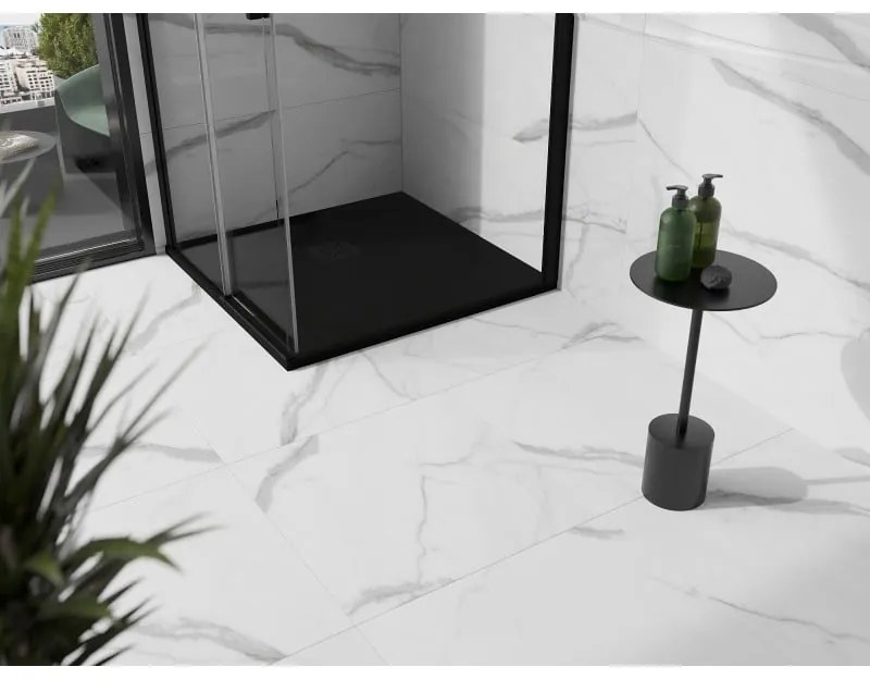 Mexen Stone+, štvorcová vanička z minerálneho kompozitu 100 x 100 cm, čierna, čierna krytka, 44701010-B