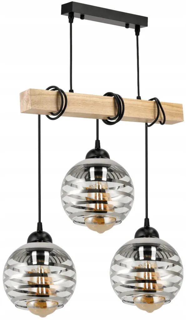 BERGE Závesné stropné svietidlo LED drevený trám 3xE27 loft sklenená guľa
