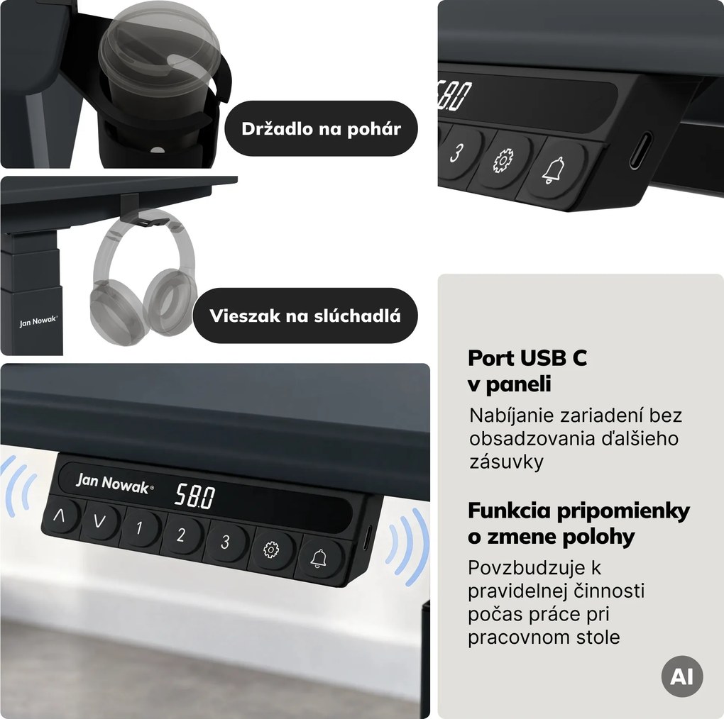 Elektrický stôl s nastavením výšky ergonomický antracitový,1200x600 mm: ARIA