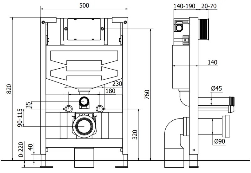 Mexen FENIX XS - Sadrokartónový modul na závesné WC, Nízky rám 82 cm s tlacidlom zpredu, 60800
