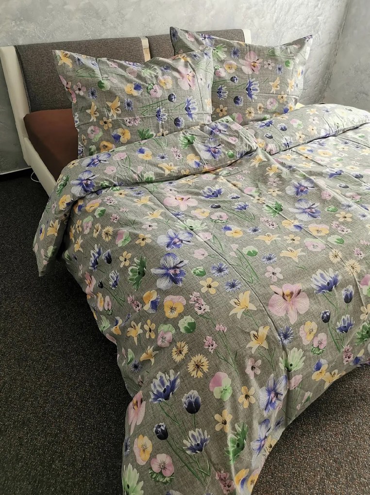 Obliečky bavlnené Poľné kvety sivé TiaHome - 1x Vankúš 90x70cm, 1x Paplón 140x200cm