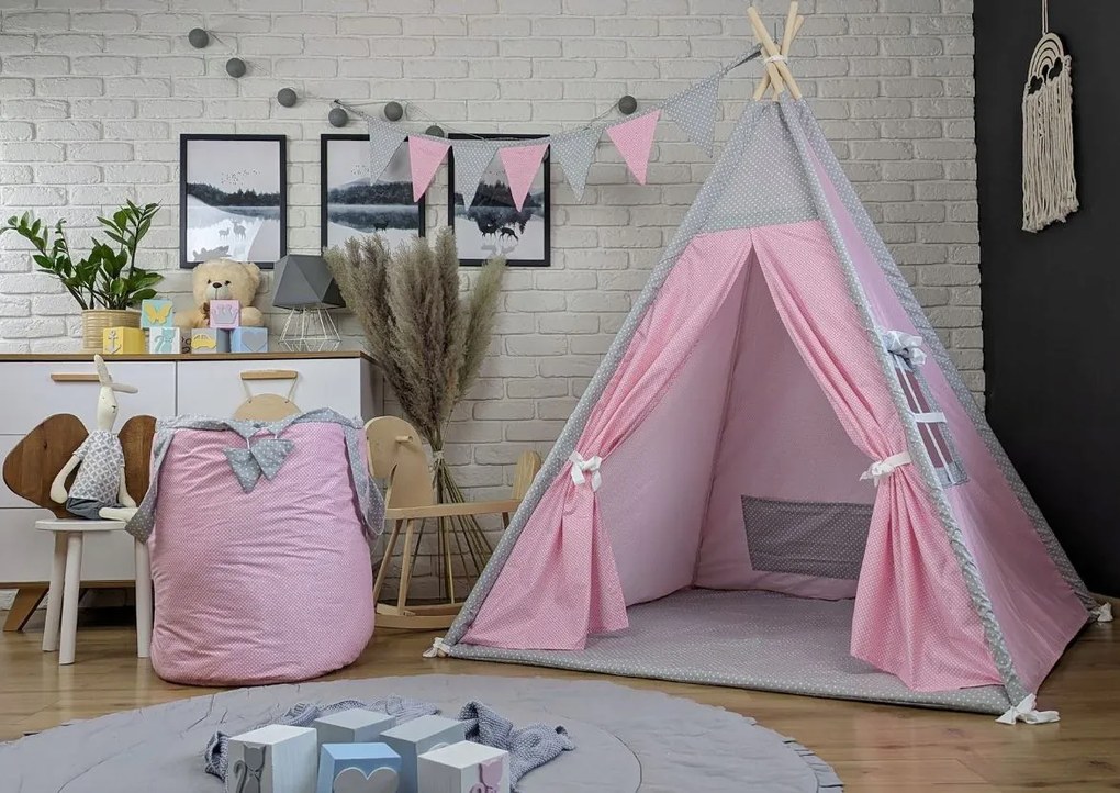 Detský stan TEEPEE (TÝPIE) ANIMALS s doplnkami - RUŽOVÁ PARTIČKA - ružový/sivý