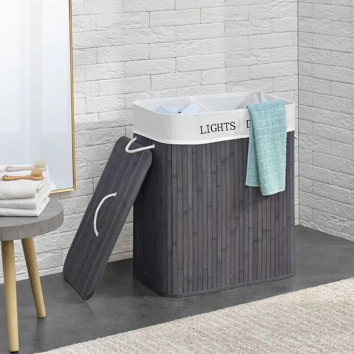 Bambusový košík na bielizeň 100 l, 2 priehradky, sivý