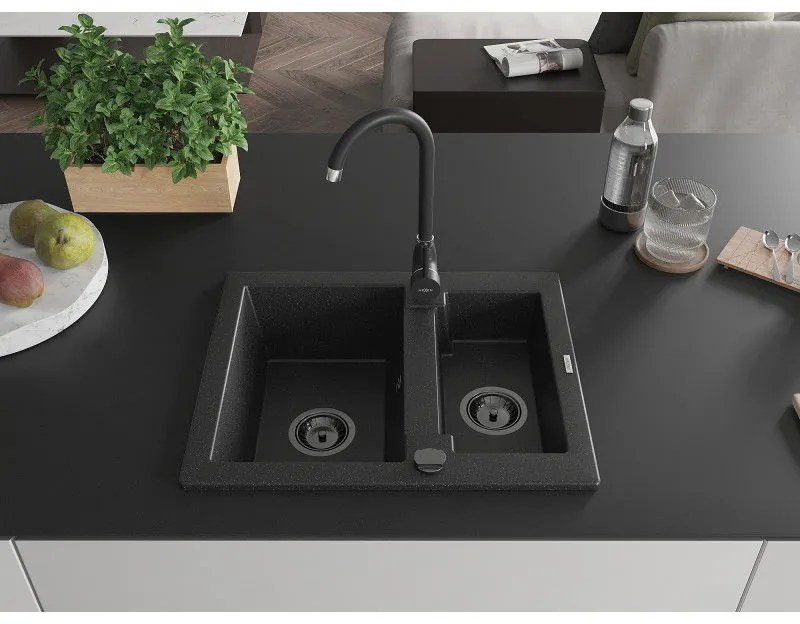 Mexen Carlos, granitový drez 582x475x177 mm, 1,5-komorový, čierna-strieborná metalíza s čiernym sifónom, 6518581500-73-B