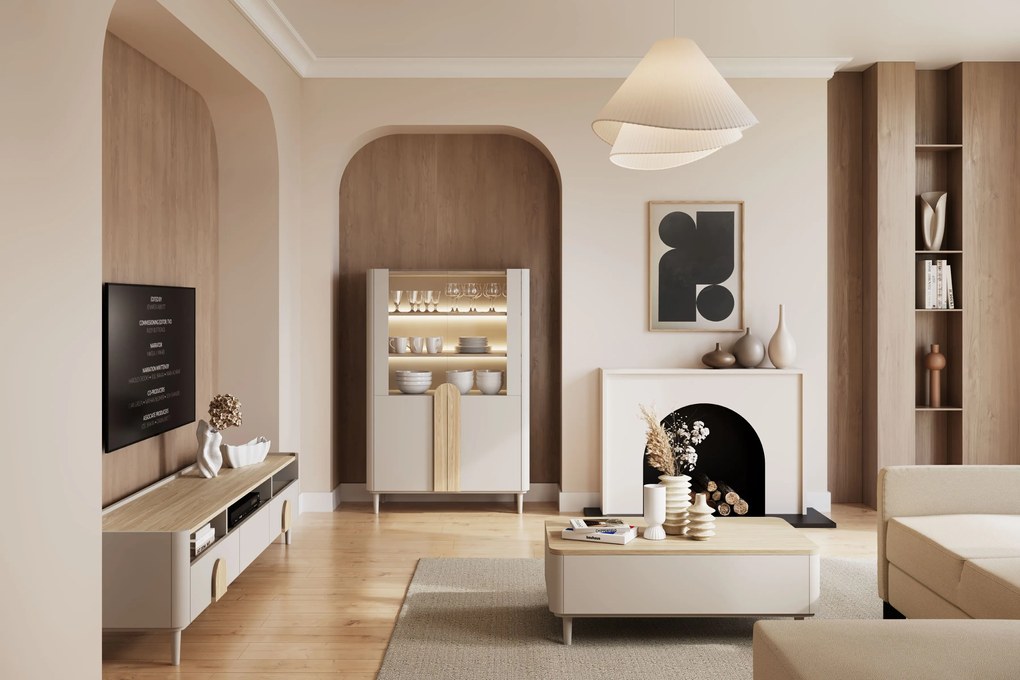 TV stolík Amilio 200 cm na nožičkách - kašmírová / dub olejovaný / dub svetlý