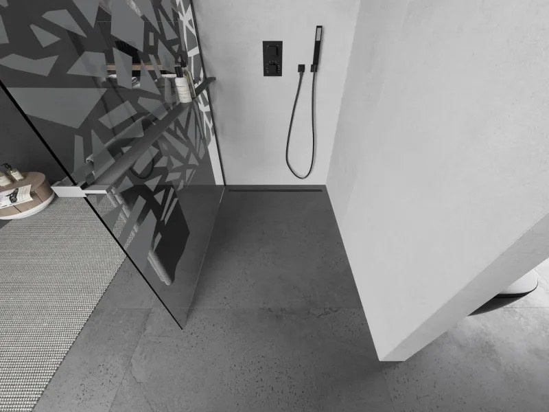 Mexen Kioto+, sprchová zástena Walk-In s poličkou a vešiakom 100 x 200 cm, 8mm číre sklo biely vzor, grafitový profil, 800-100-121-95-85