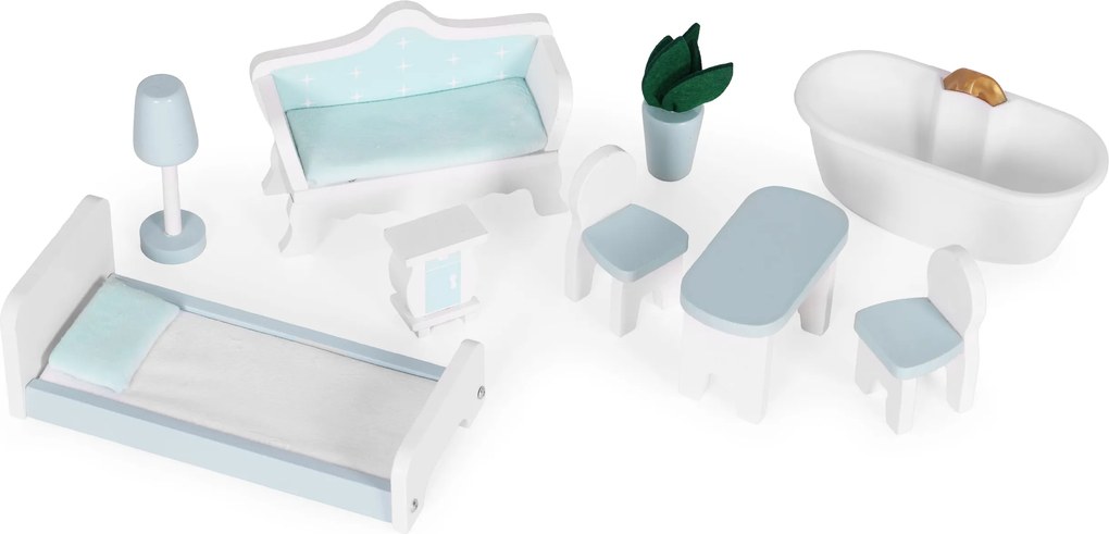 ECOTOYS Domček pre bábiky Alice z MDF, 3 poschodia, 4 izby, 9 dielov nábytku, pre deti 3+